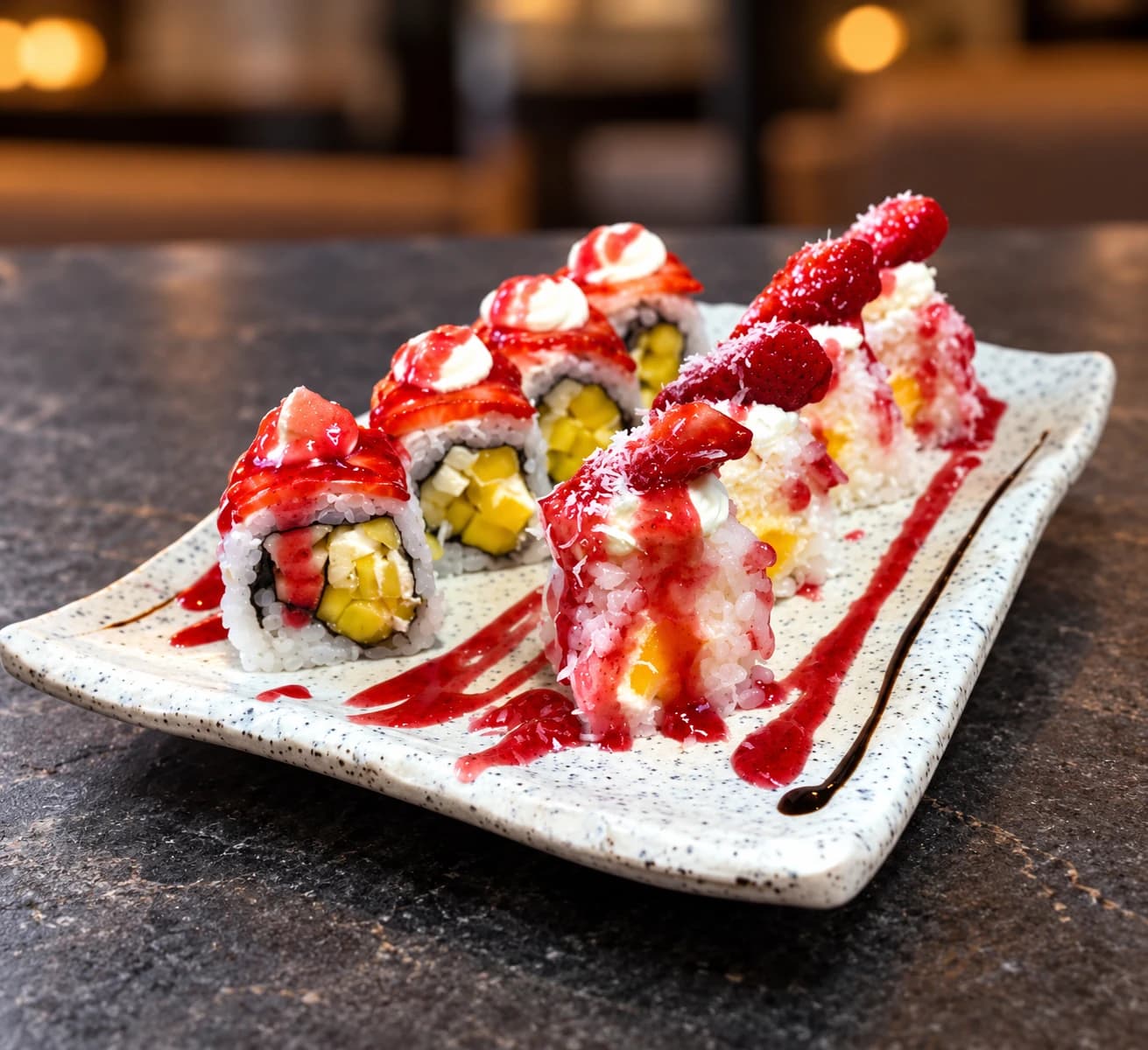 Rolos de sushi com morangos